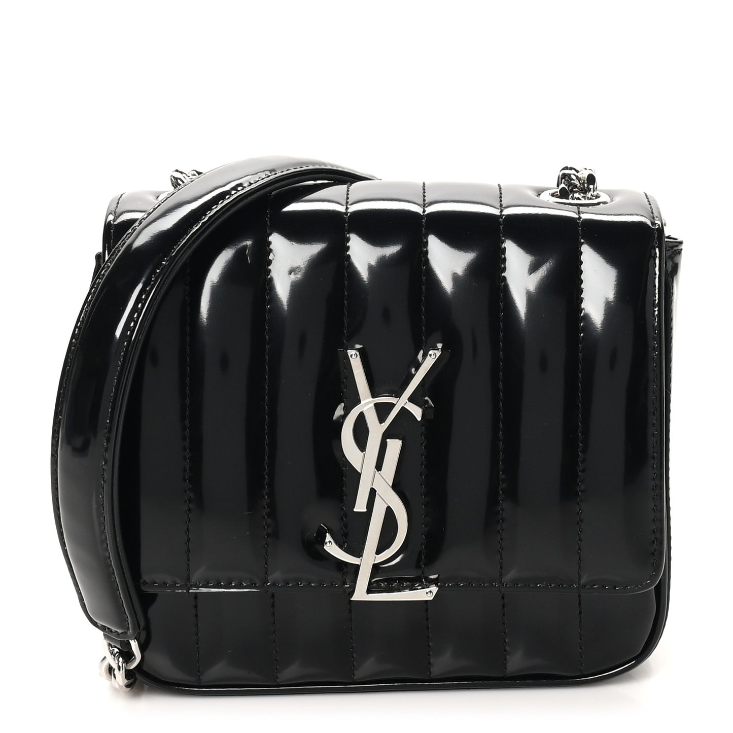Patent Calfskin Matelasse Monogram Small Vicky Chain Bag Black