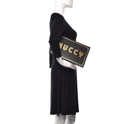 Gucci X SEGA Calfskin GUCCY Stars Zip Wristlet Pouch Black Gold 2 of 11