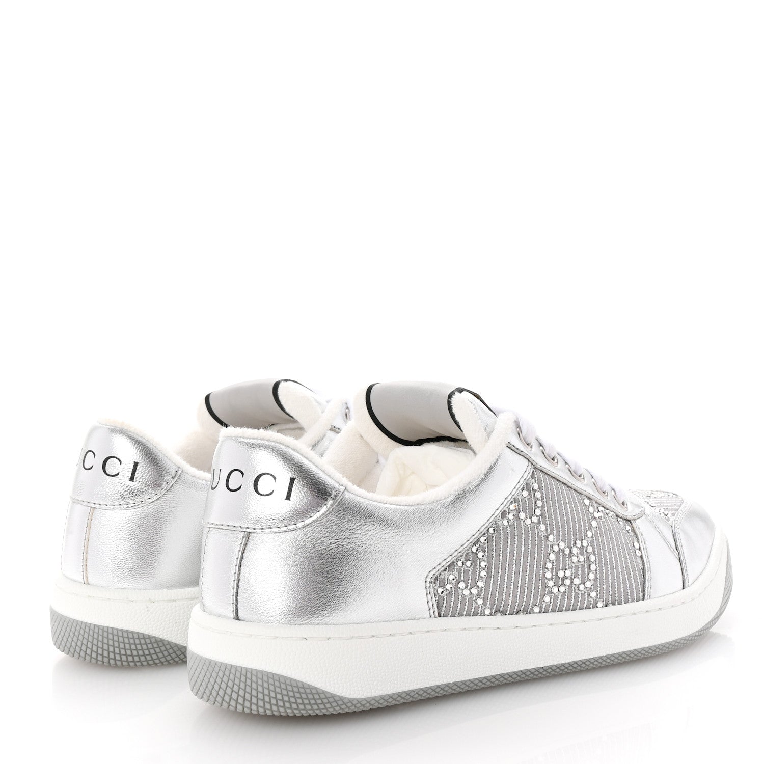 Gucci Metallic Nappa Silk Crystals Womens Screener Sneakers 36.5 Silver Light Grey 5 of 10
