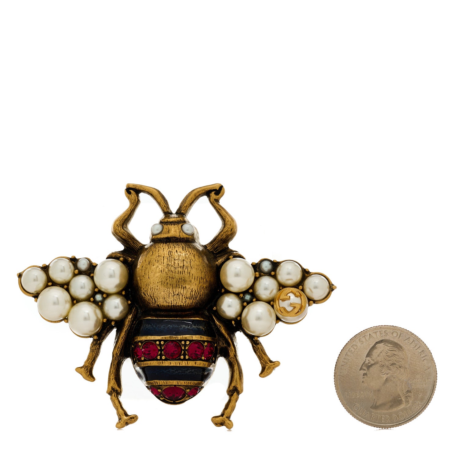 Gucci Metal Pearl Crystal Bee Brooch Aged Gold 2 of 4