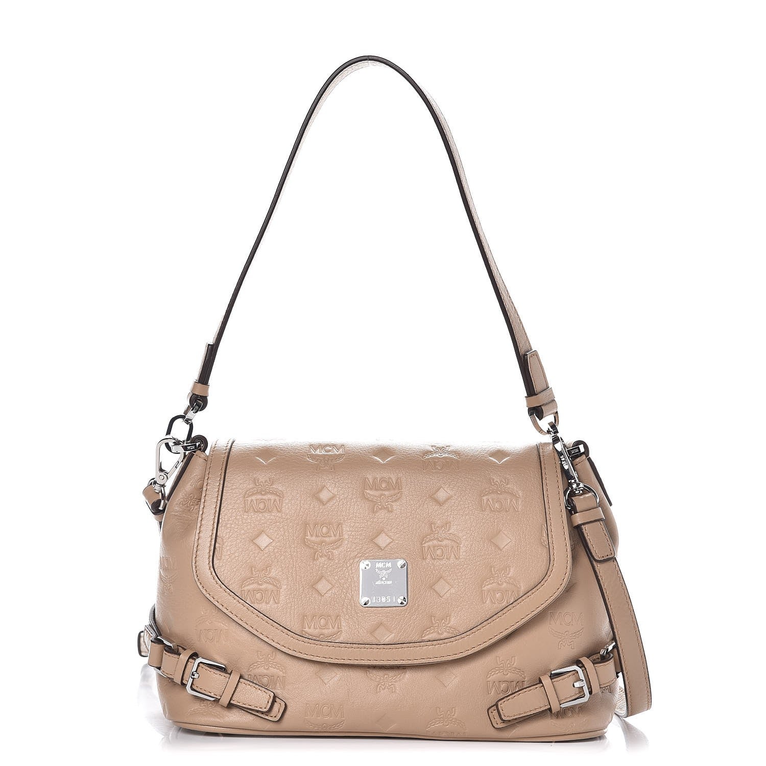 MCM Calfskin Signature Monogram Small Crossbody Bag Beige 1 of 14