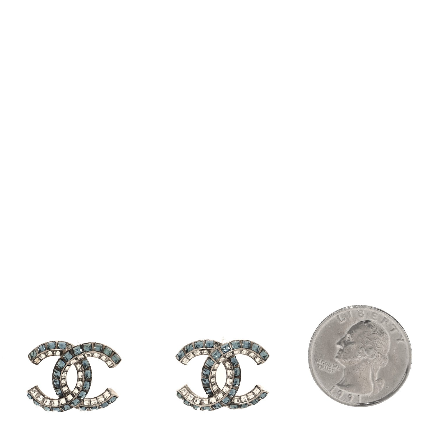 Chanel Metal Baguette Crystal CC Earrings Silver Blue 2 of 4