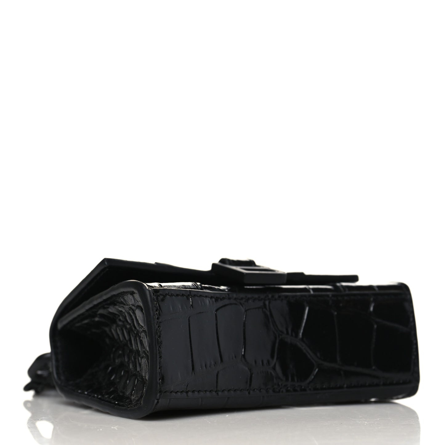 Shiny Calfskin Monochrome Crocodile Embossed Hourglass Top Handle Bag Mini with Chain Black