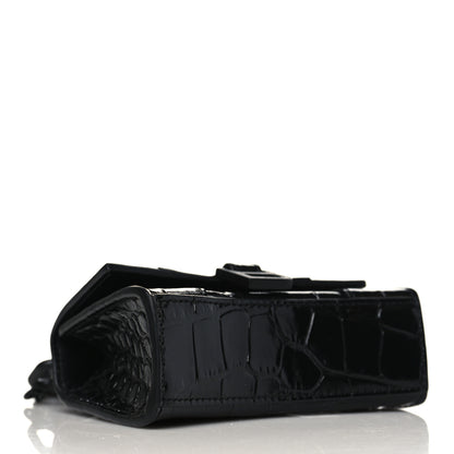 Balenciaga Shiny Calfskin Monochrome Crocodile Embossed Hourglass Top Handle Bag Mini with Chain Black 4 of 9