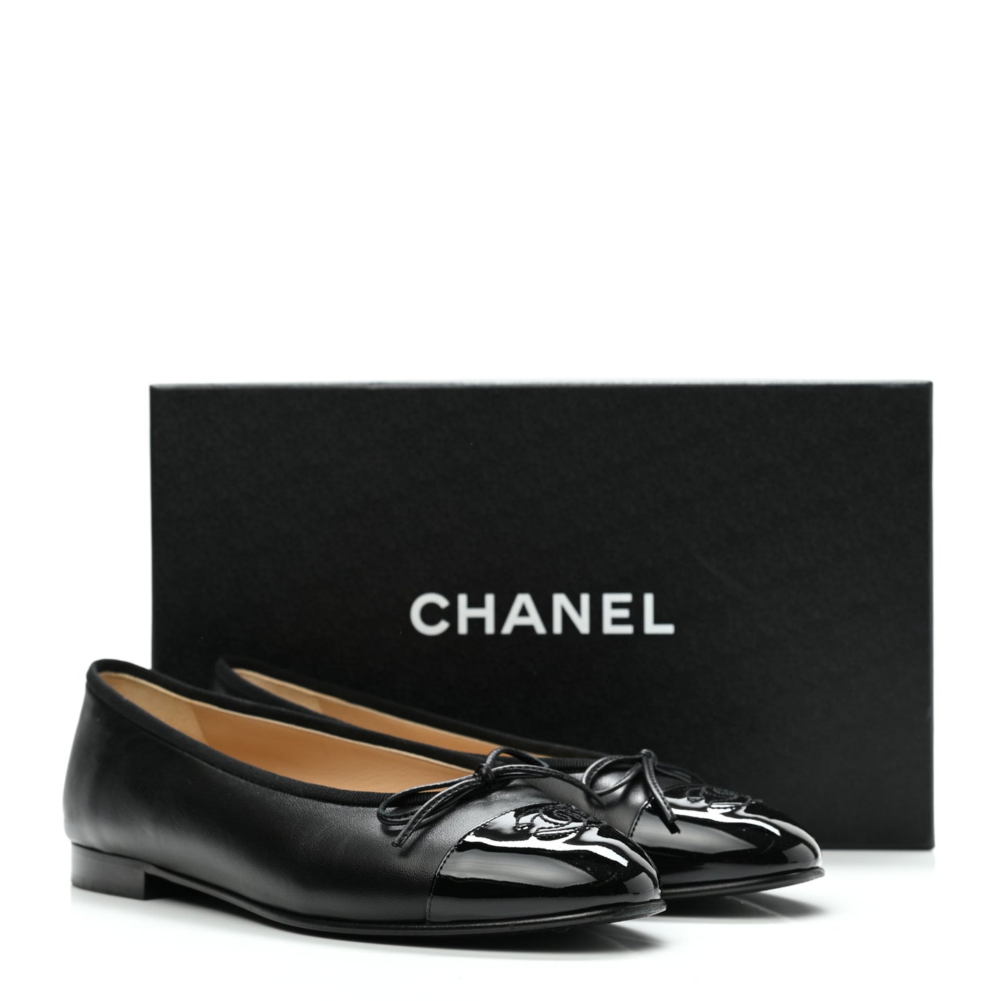 Lambskin Patent Cap Toe Ballerina Flats 39 Black