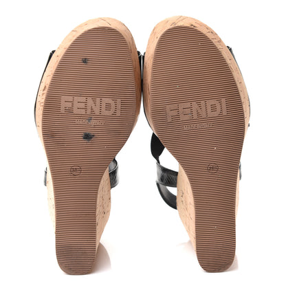 Fendi Patent Cork Wedge Sandals 38.5 Black 8 of 8
