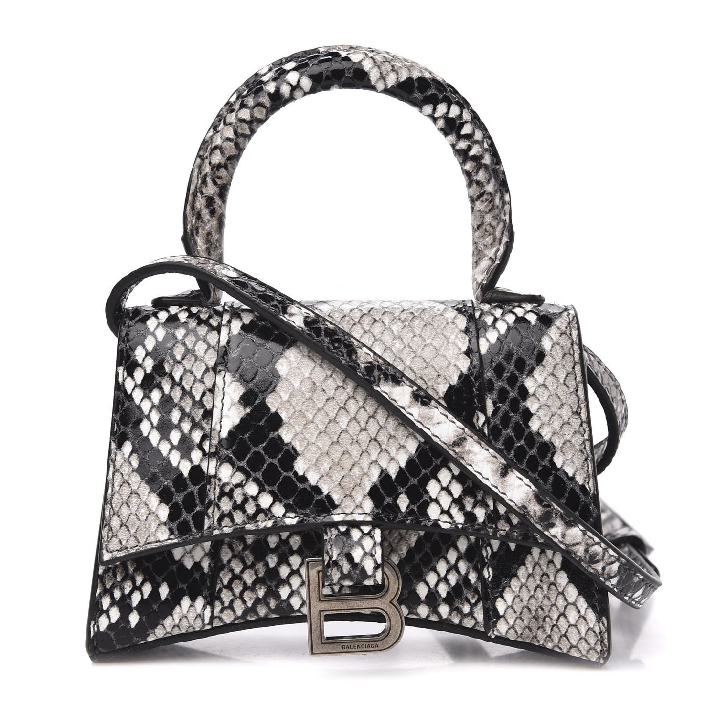 Shiny Calfskin Python Effect Hourglass Top Handle Bag Mini Black White