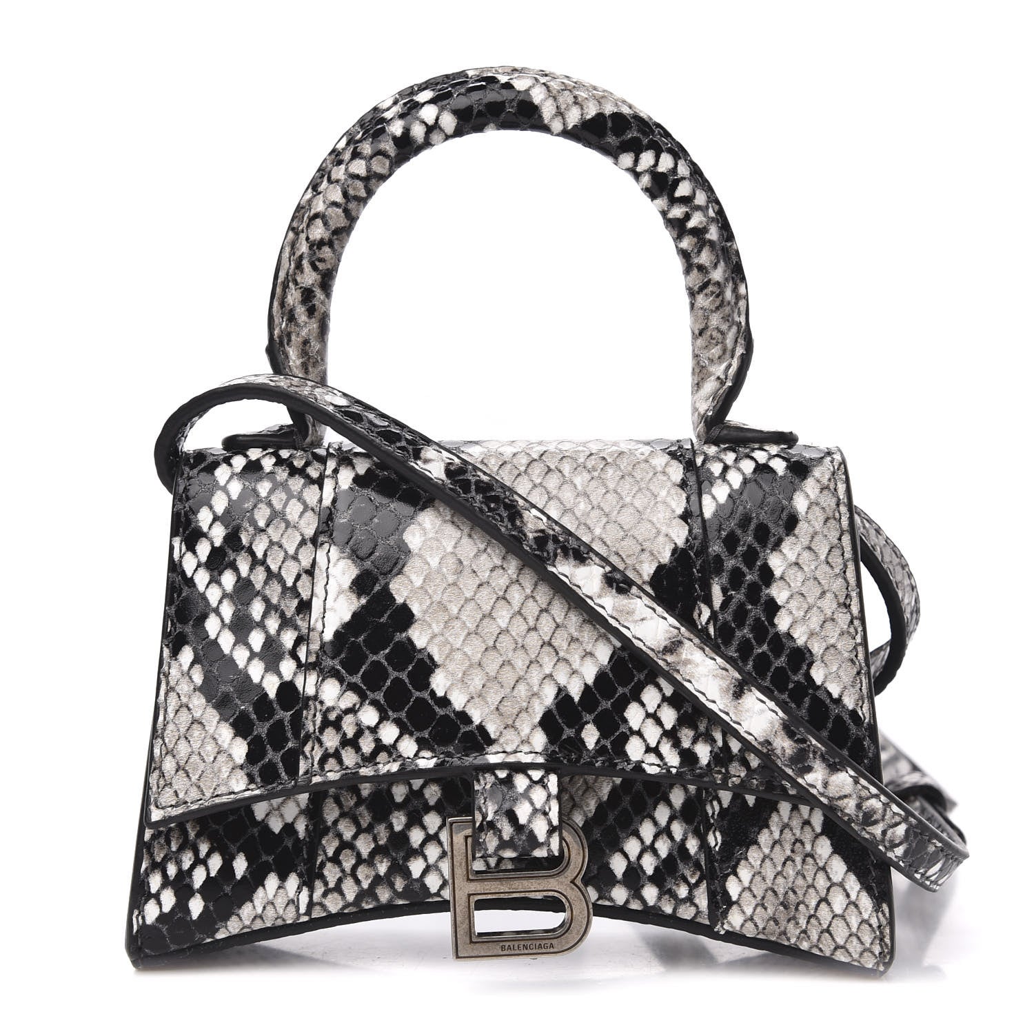 Balenciaga Shiny Calfskin Python Effect Hourglass Top Handle Bag Mini Black White 1 of 10