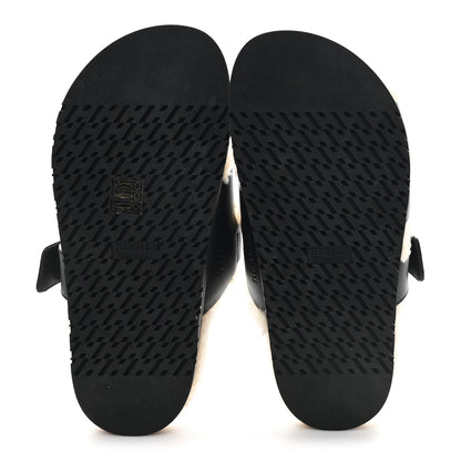 Hermes Calfskin Woolskin Womens Chypre Sandals 37.5 Black Ecru 6 of 8