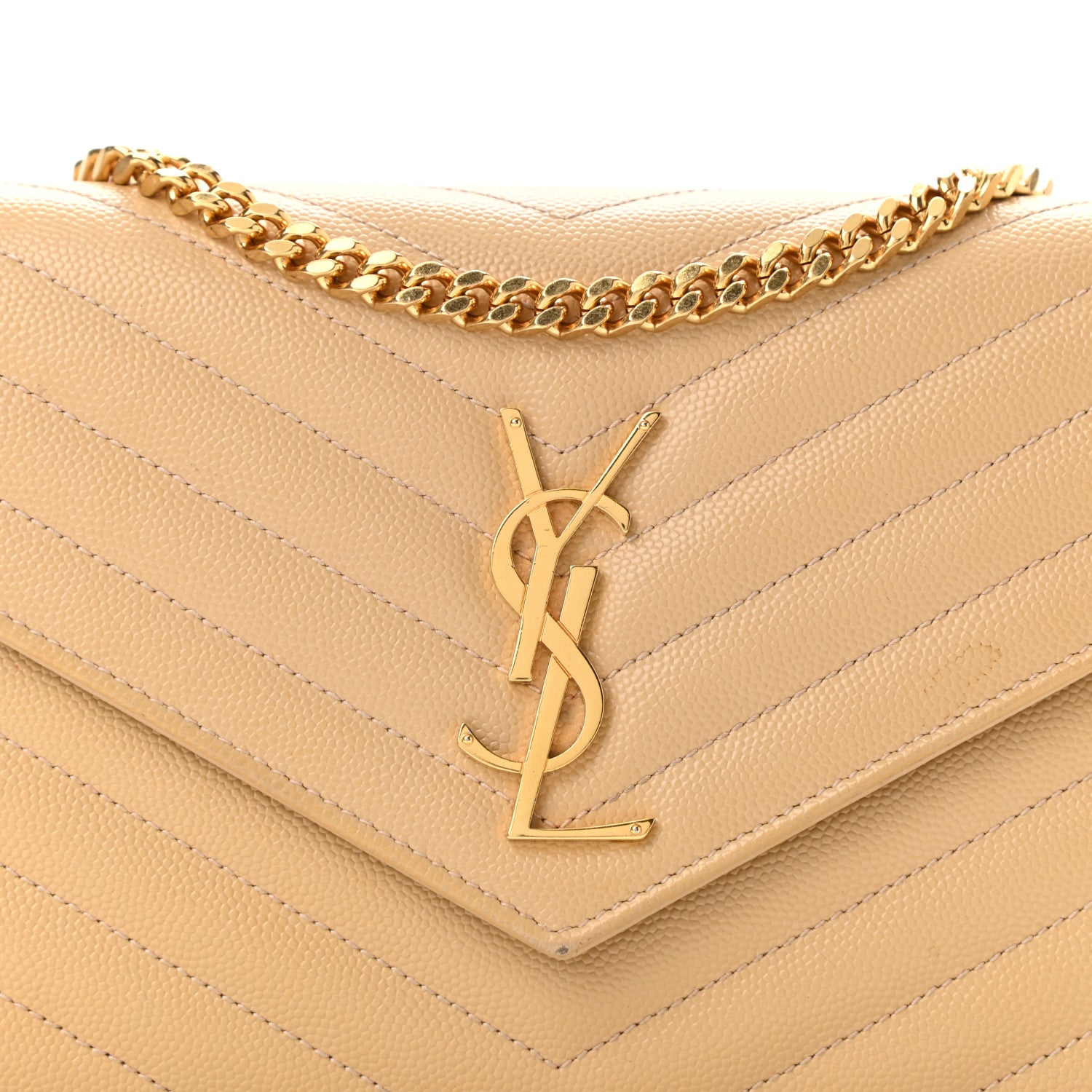 Saint Laurent Grain De Poudre Matelasse Chevron Monogram Chain Wallet Dark Beige 7 of 10