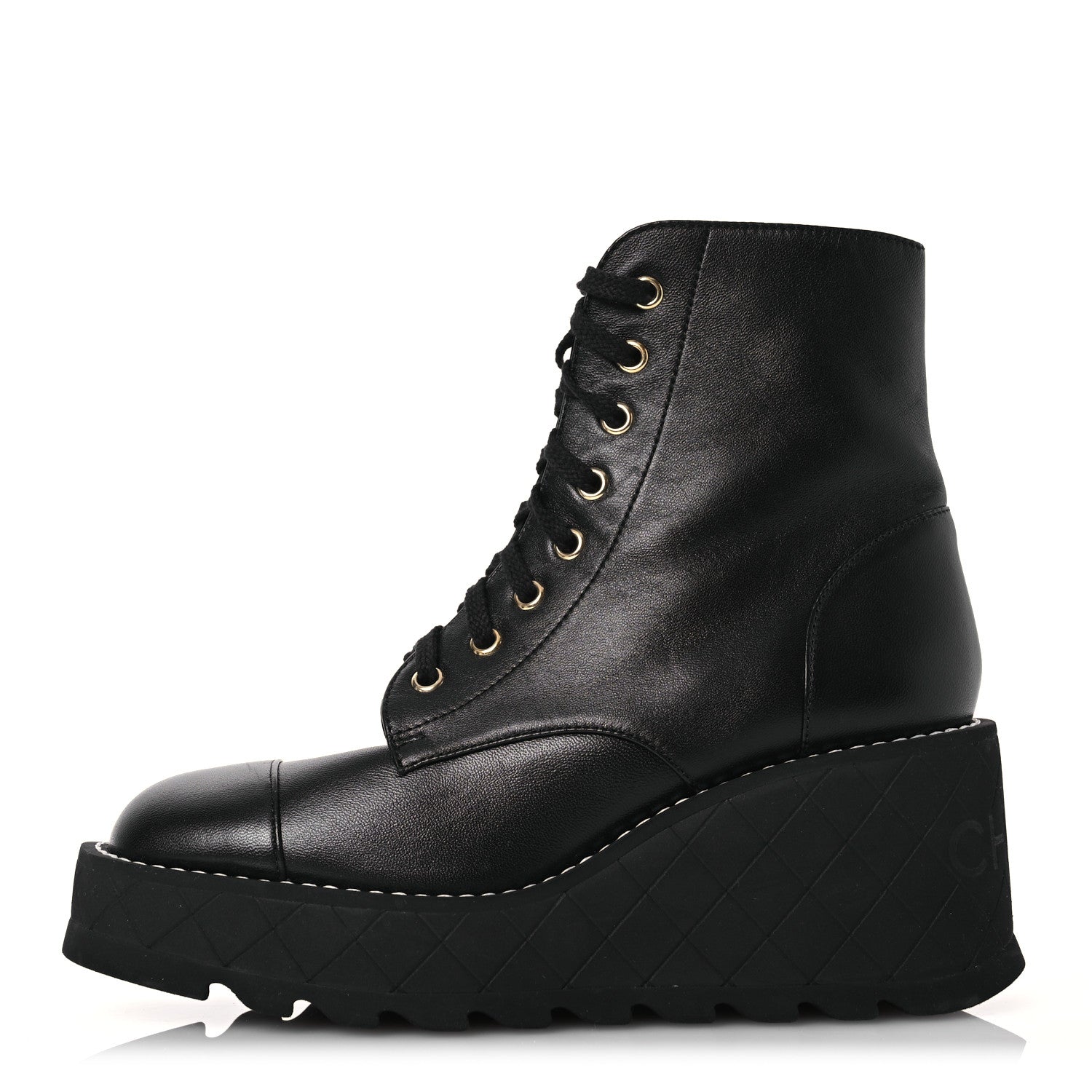 Chanel Lambskin Quilted Lace Up Wedge Combat Boots 37.5 Black 1 of 11