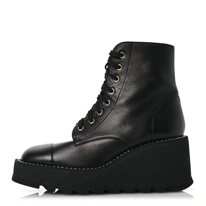 Chanel Lambskin Quilted Lace Up Wedge Combat Boots 37.5 Black 1 of 11