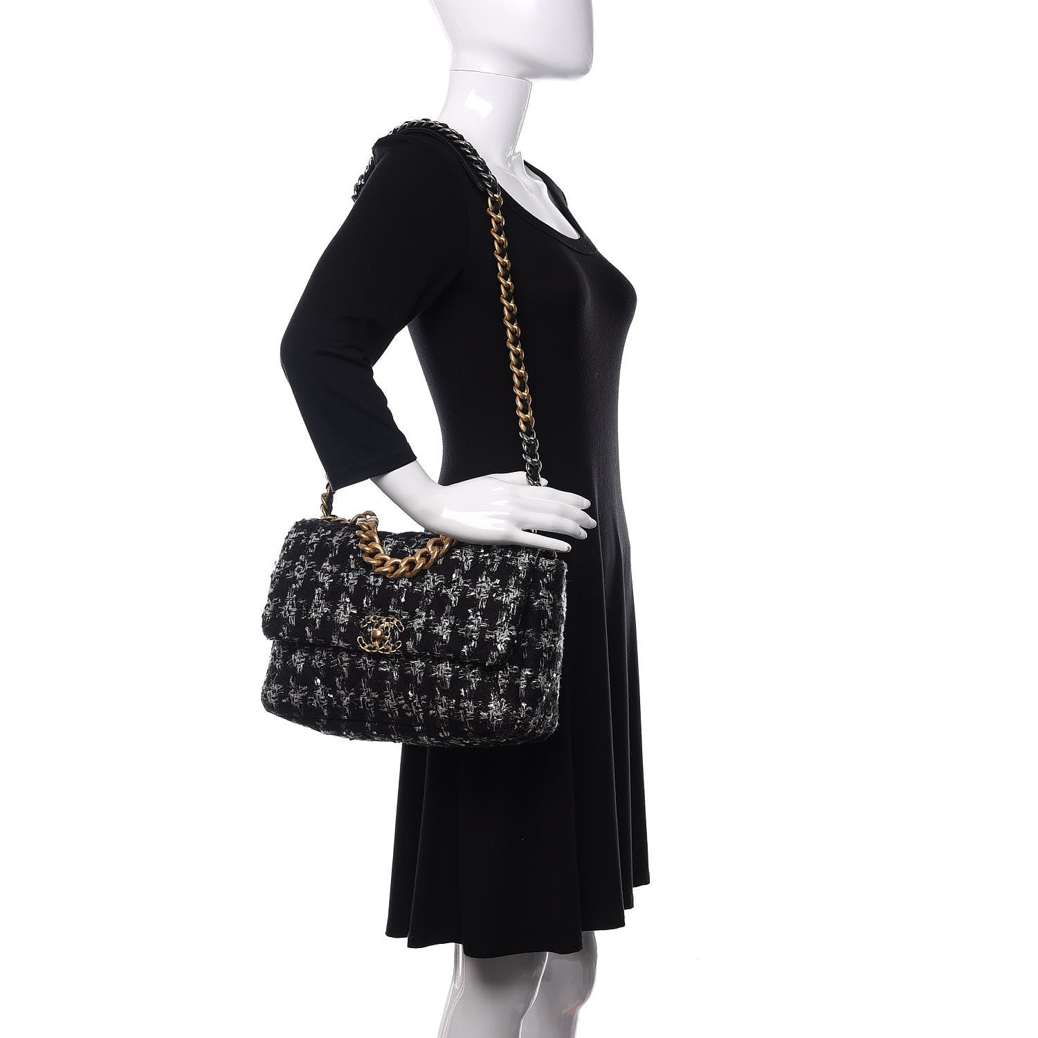 Chanel Tweed Quilted Large 19 Flap Black Ecru White 2 of 10