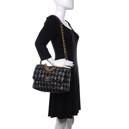 Chanel Tweed Quilted Large 19 Flap Black Ecru White 2 of 10