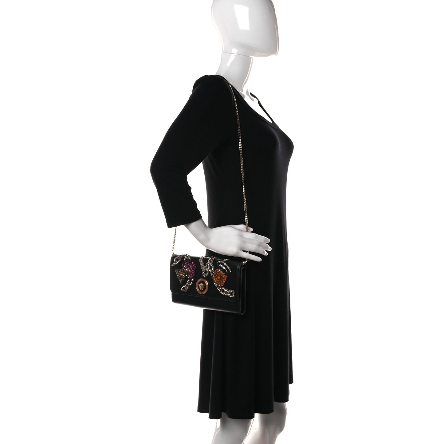 Nappa Crystal Embroidered Medusa Wallet on Chain Crossbody Black