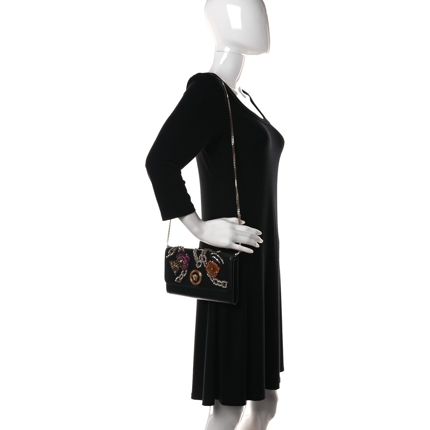 Versace Nappa Crystal Embroidered Medusa Wallet on Chain Crossbody Black 2 of 10