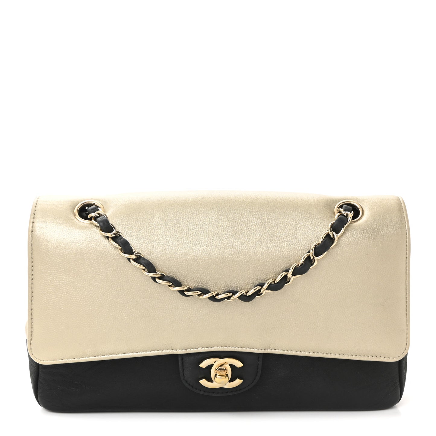 Metallic Grained Calfskin Medium Classic Pure Double Flap Gold Black