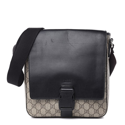 Gucci GG Supreme Monogram Single Buckle Flap Messenger Bag Beige Black 1 of 16