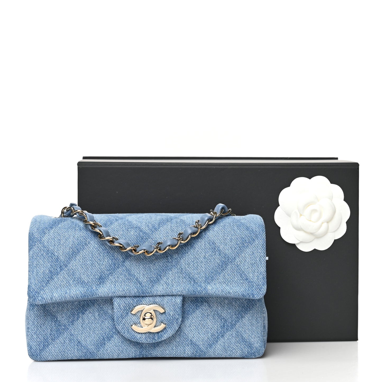 Printed Denim Quilted Mini Rectangular Flap Light Blue