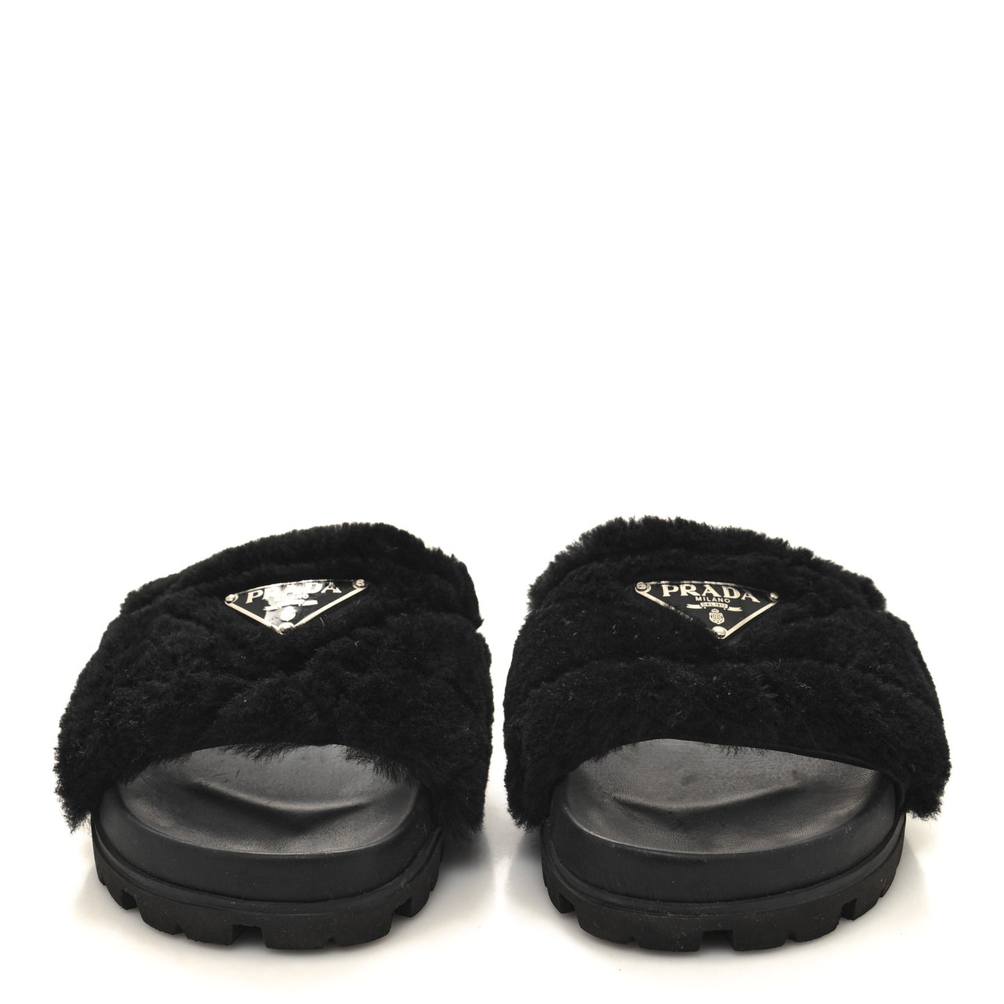 Shearling Metal Triangle Logo Lug Sole 20mm Slide Sandals 35 Black