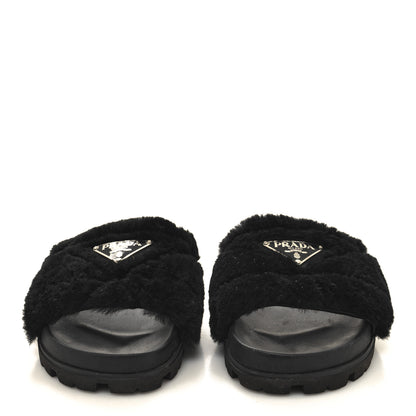 Prada Shearling Metal Triangle Logo Lug Sole 20mm Slide Sandals 35 Black 2 of 8
