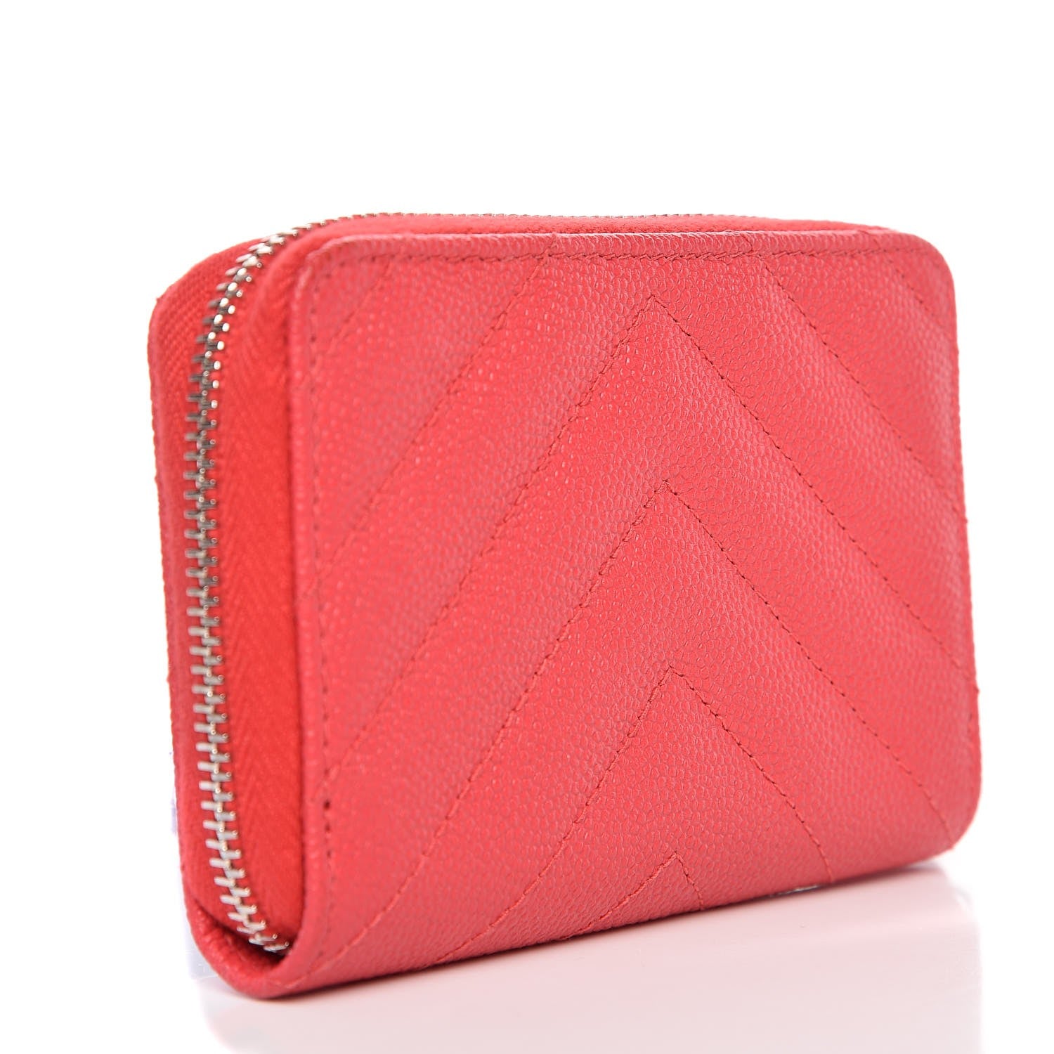 Chanel Caviar Chevron Quilted Zip Coin Purse Light Red 3 of 16