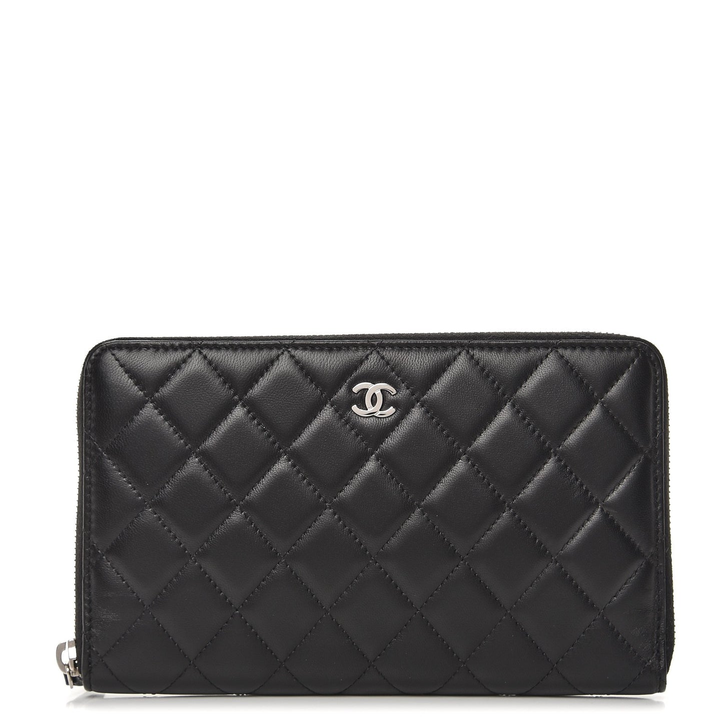 Lambskin Quilted Large Zip Around Organizer Wallet Black