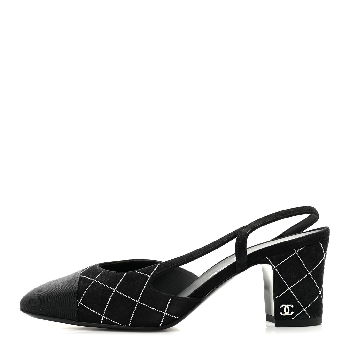 Suede Crystal Grosgrain Cap Toe CC Slingback Pumps 38 Black Silver