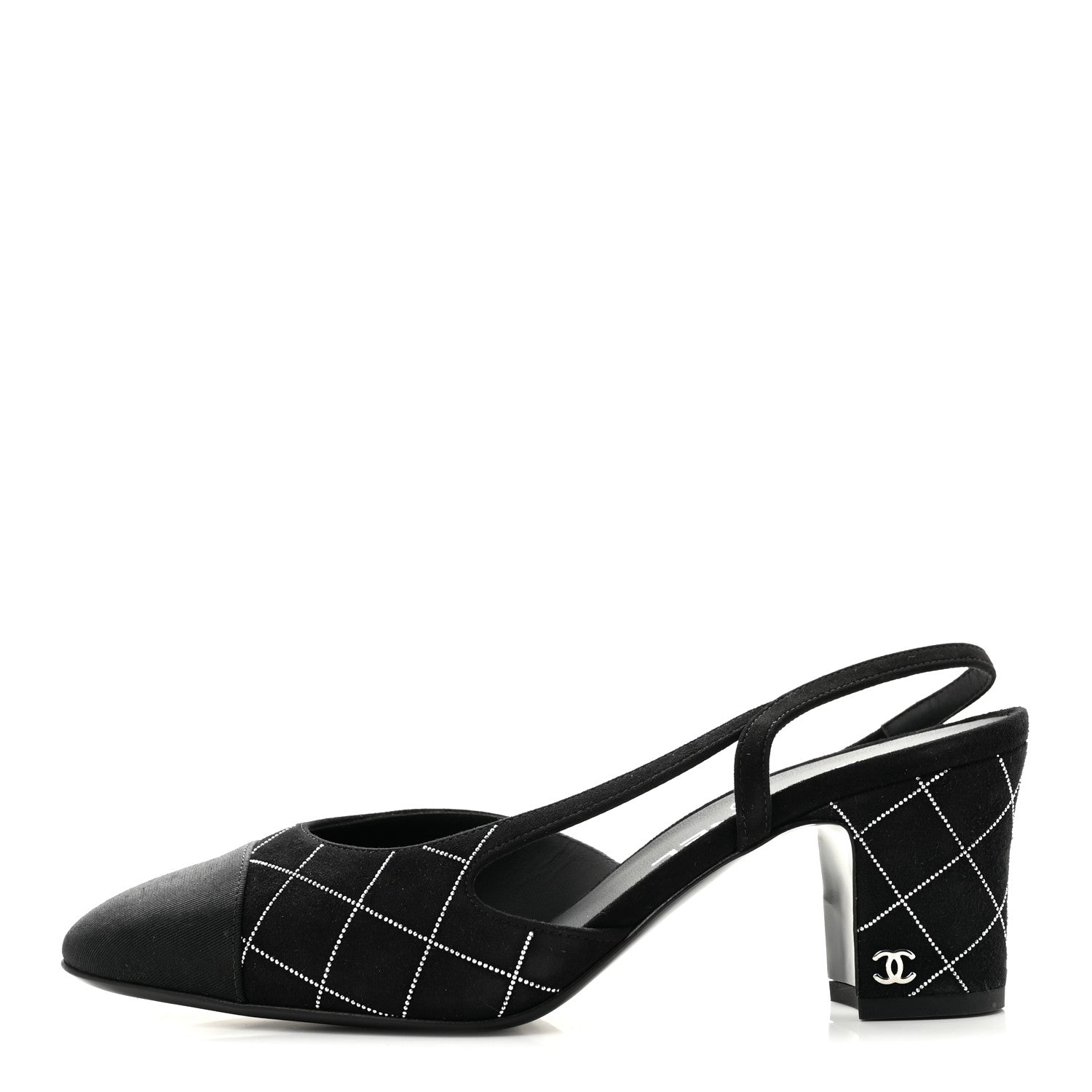 Chanel Suede Crystal Grosgrain Cap Toe CC Slingback Pumps 38 Black Silver 1 of 10
