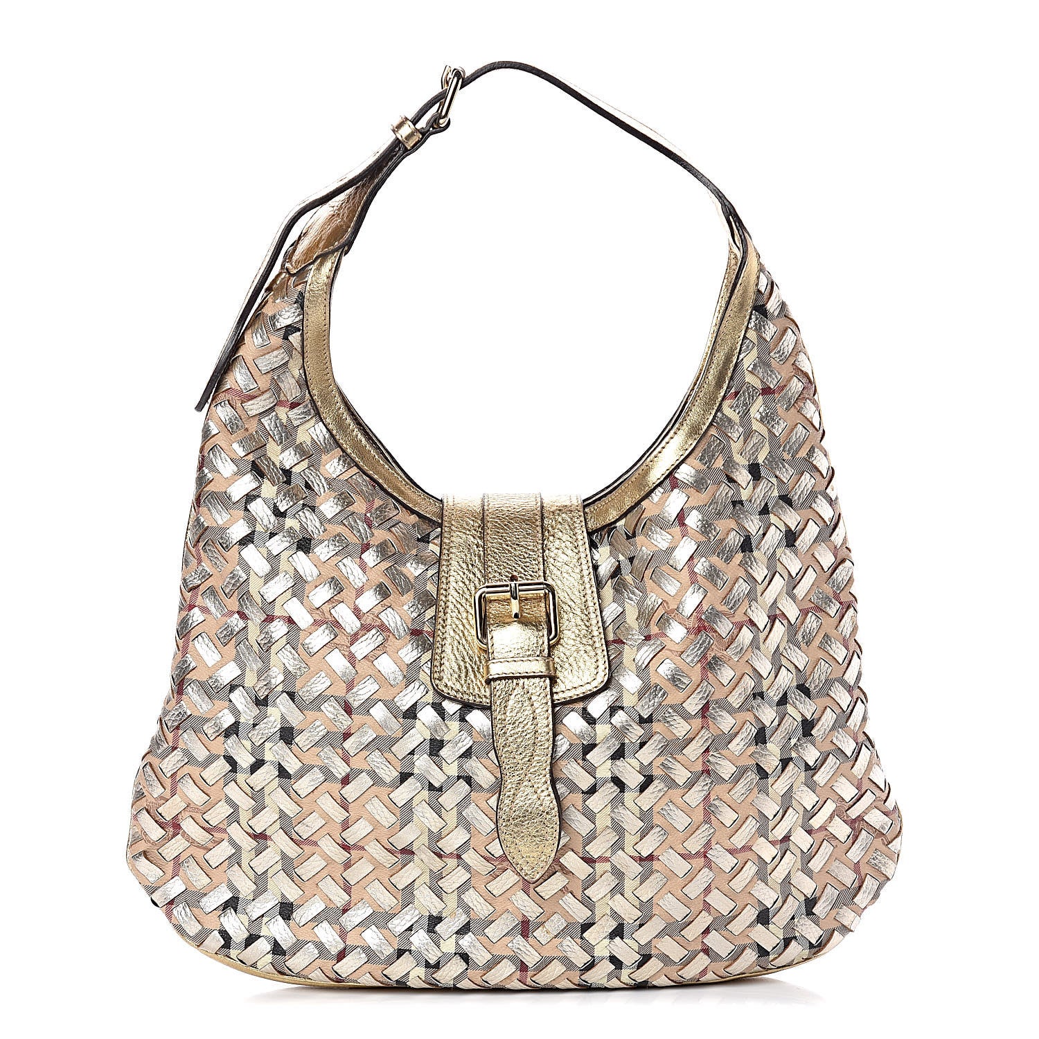 Burberry Metallic Calfskin House Check Woven Brook Hobo Gold 1 of 11