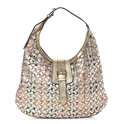 Burberry Metallic Calfskin House Check Woven Brook Hobo Gold 1 of 11