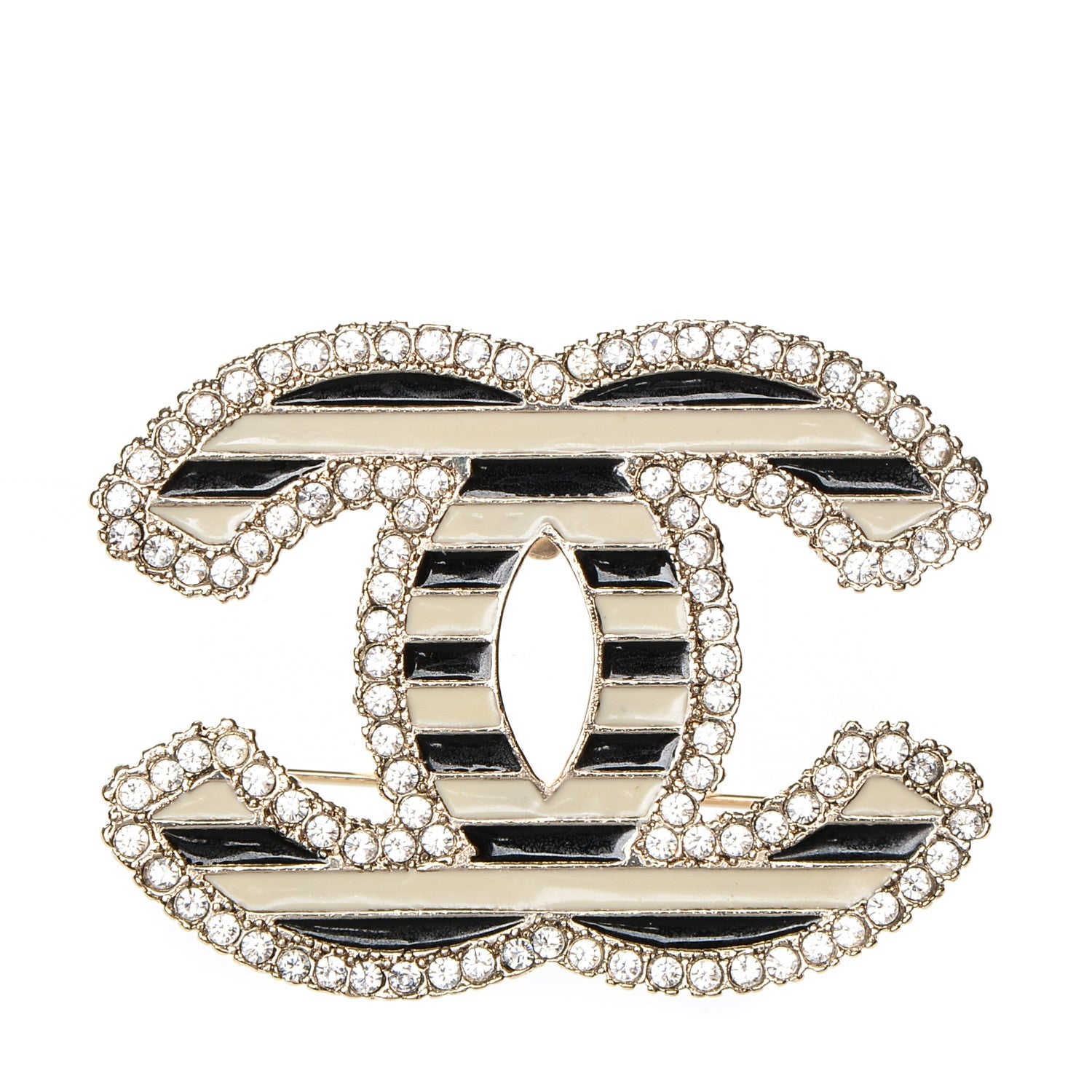Chanel Crystal Enamel Stripe CC Brooch Black Gold 1 of 4