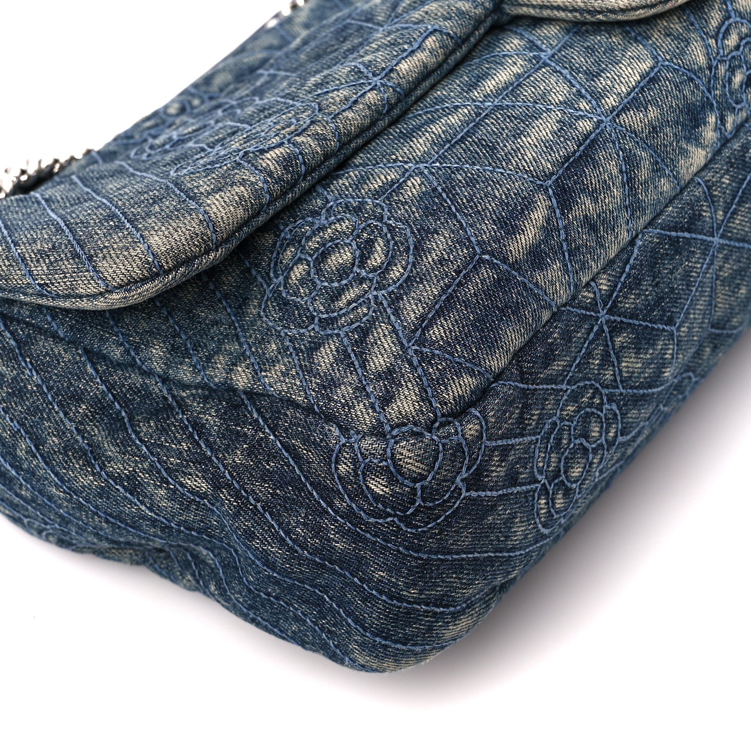 Chanel Denim Quilted Camellia Embroidered Large Flap Blue 10 of 11