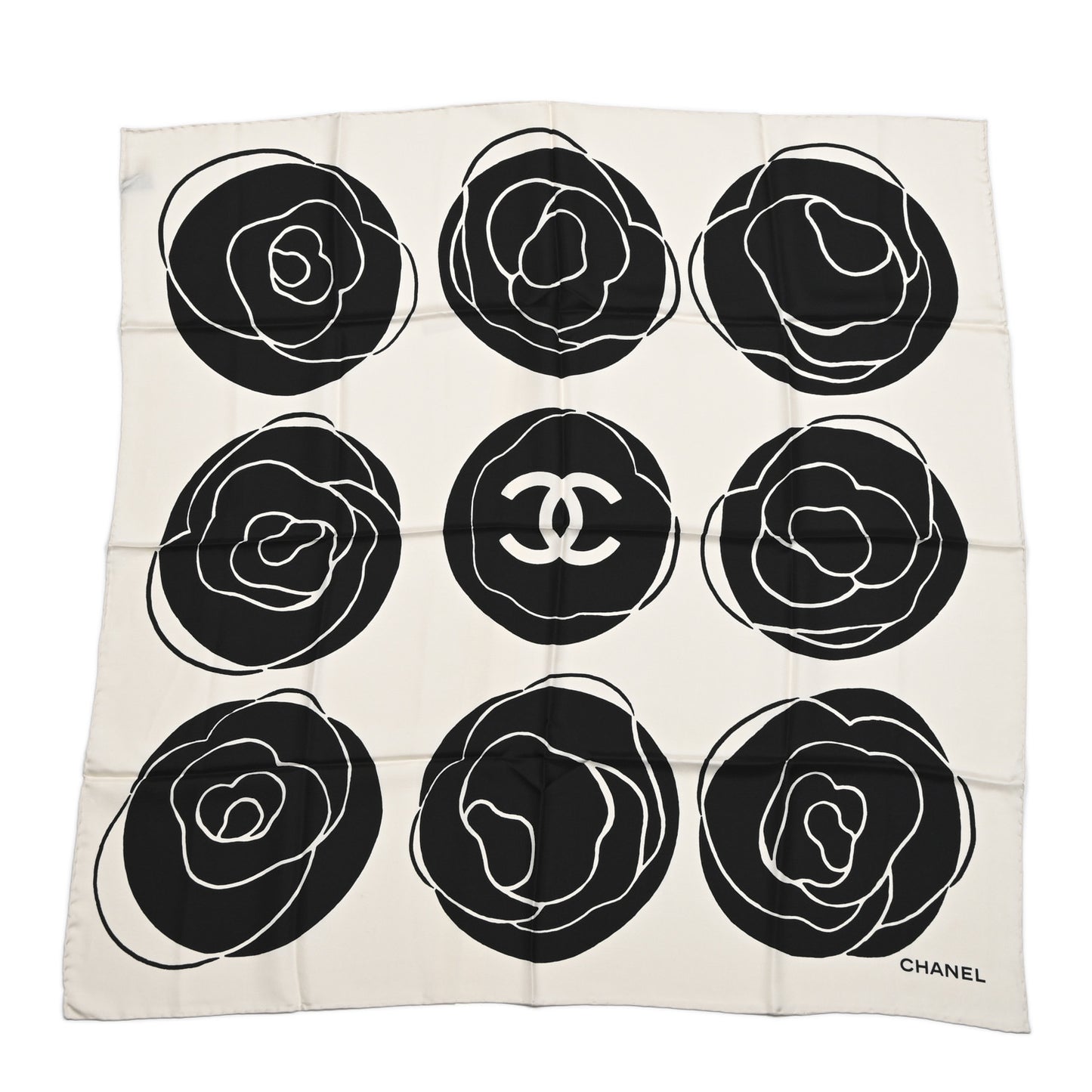 Silk CC Camellia Scarf Black White