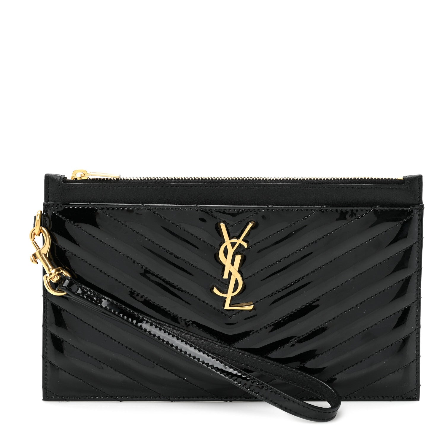 Saint Laurent Patent Grain De Poudre Matelasse Chevron Monogram Bill Pouch Black 1 of 9
