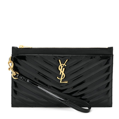 Saint Laurent Patent Grain De Poudre Matelasse Chevron Monogram Bill Pouch Black 1 of 9