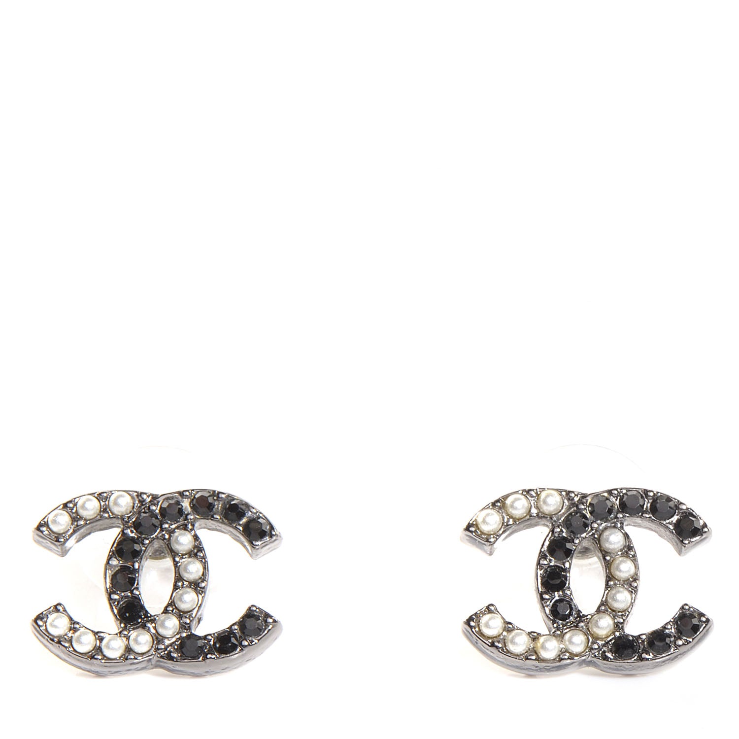 Chanel Pearl Crystal CC Earrings Black Silver 1 of 5