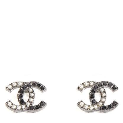 Chanel Pearl Crystal CC Earrings Black Silver 1 of 5