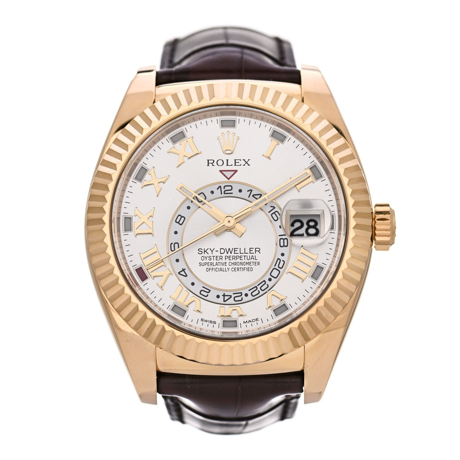 Rolex 18K Yellow Gold Alligator 42mm Oyster Perpetual Sky-Dweller Watch White Roman 326138 1 of 4