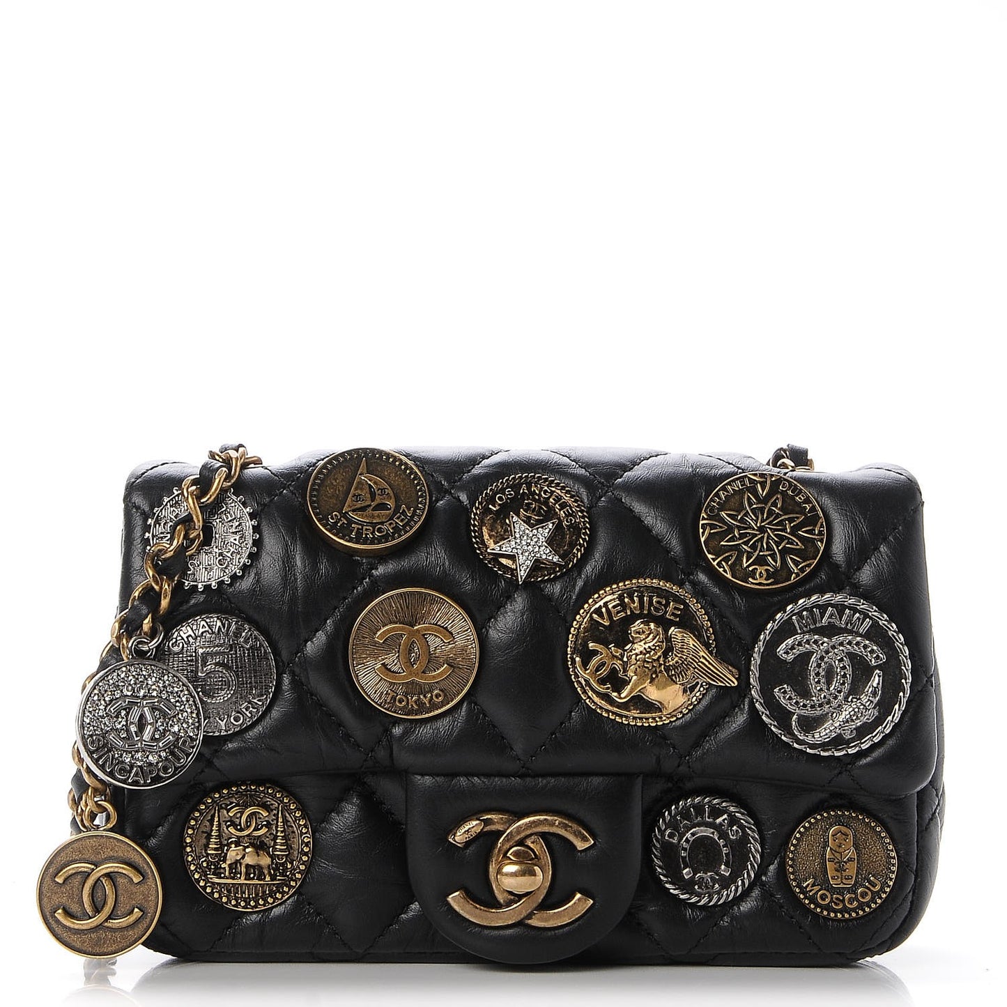 Aged Calfskin Quilted Extra Mini Medallion Flap Black