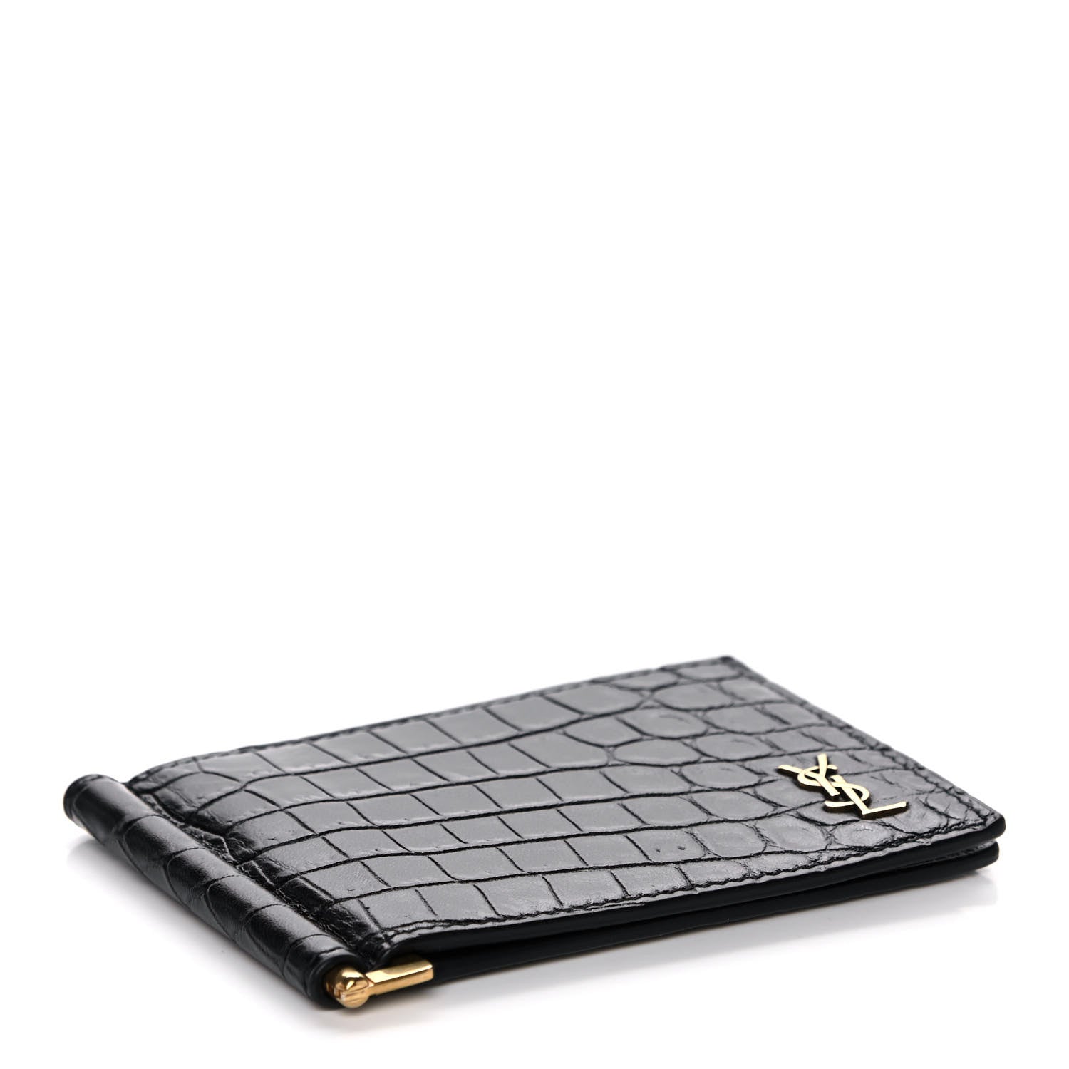 Saint Laurent Calfskin Crocodile Embossed Tiny Monogram Bill Clip Wallet Black 4 of 10