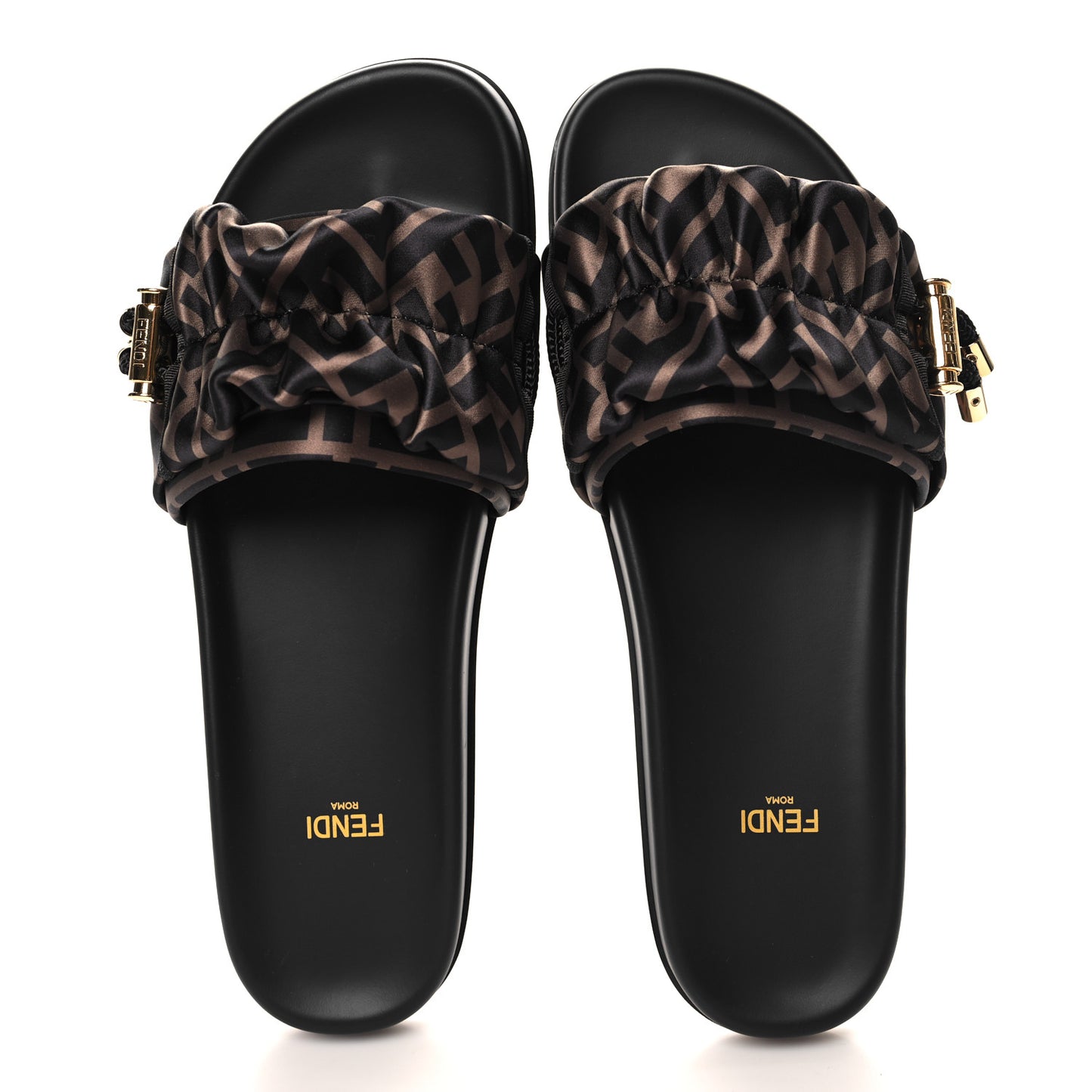 Satin FF Fendi Feel Slide Sandals 40 Tobacco Black