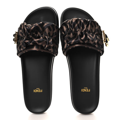 Fendi Satin FF Fendi Feel Slide Sandals 40 Tobacco Black 2 of 9