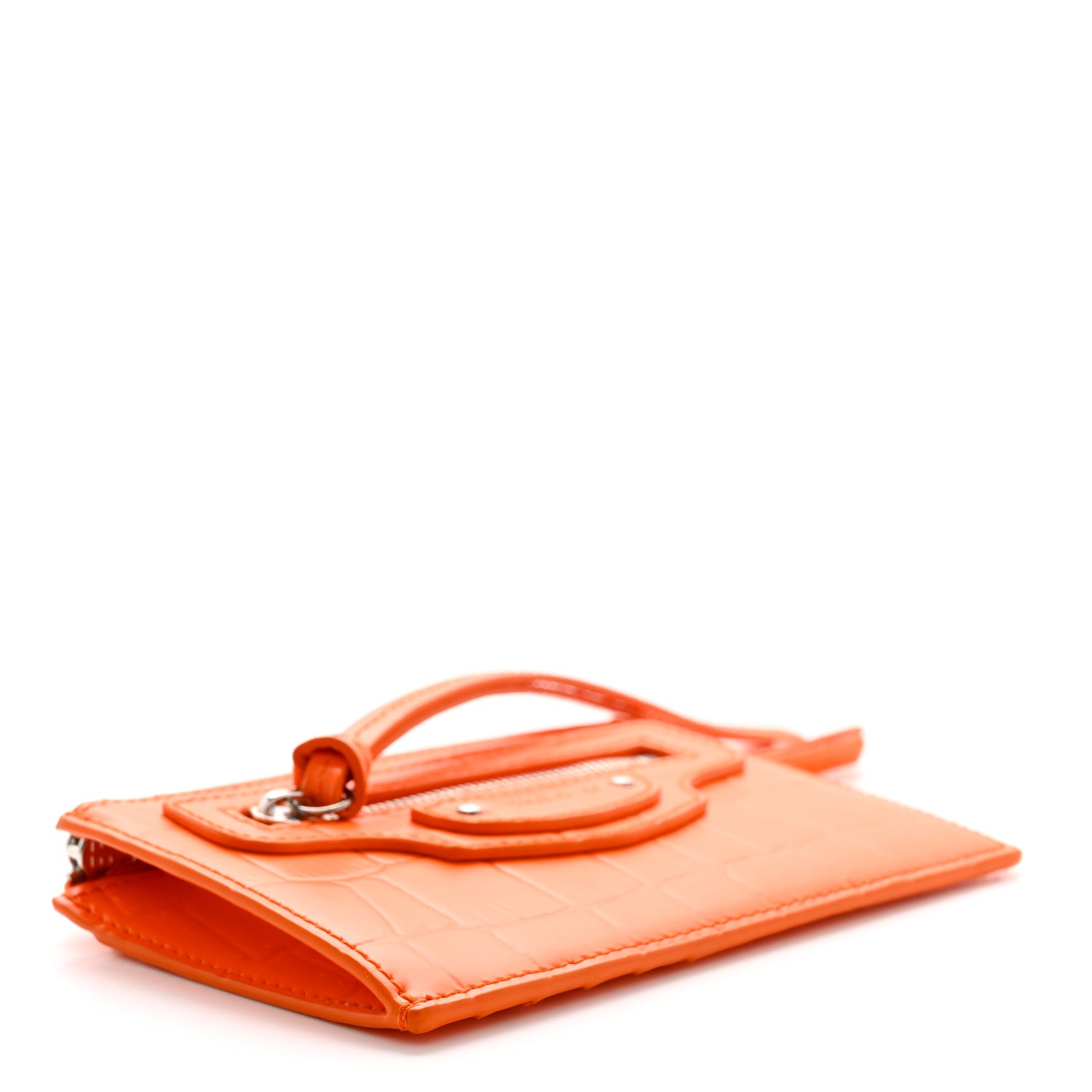 Balenciaga Semi Shiny Calfskin Crocodile Embossed Neo Classic Silver Hardware Long Coin Case Card Holder Orange 4 of 7