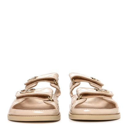 Chanel Shiny Calfskin Crystal Quilted Velcro Dad CC Slide Sandals 38.5 Light Beige 2 of 7