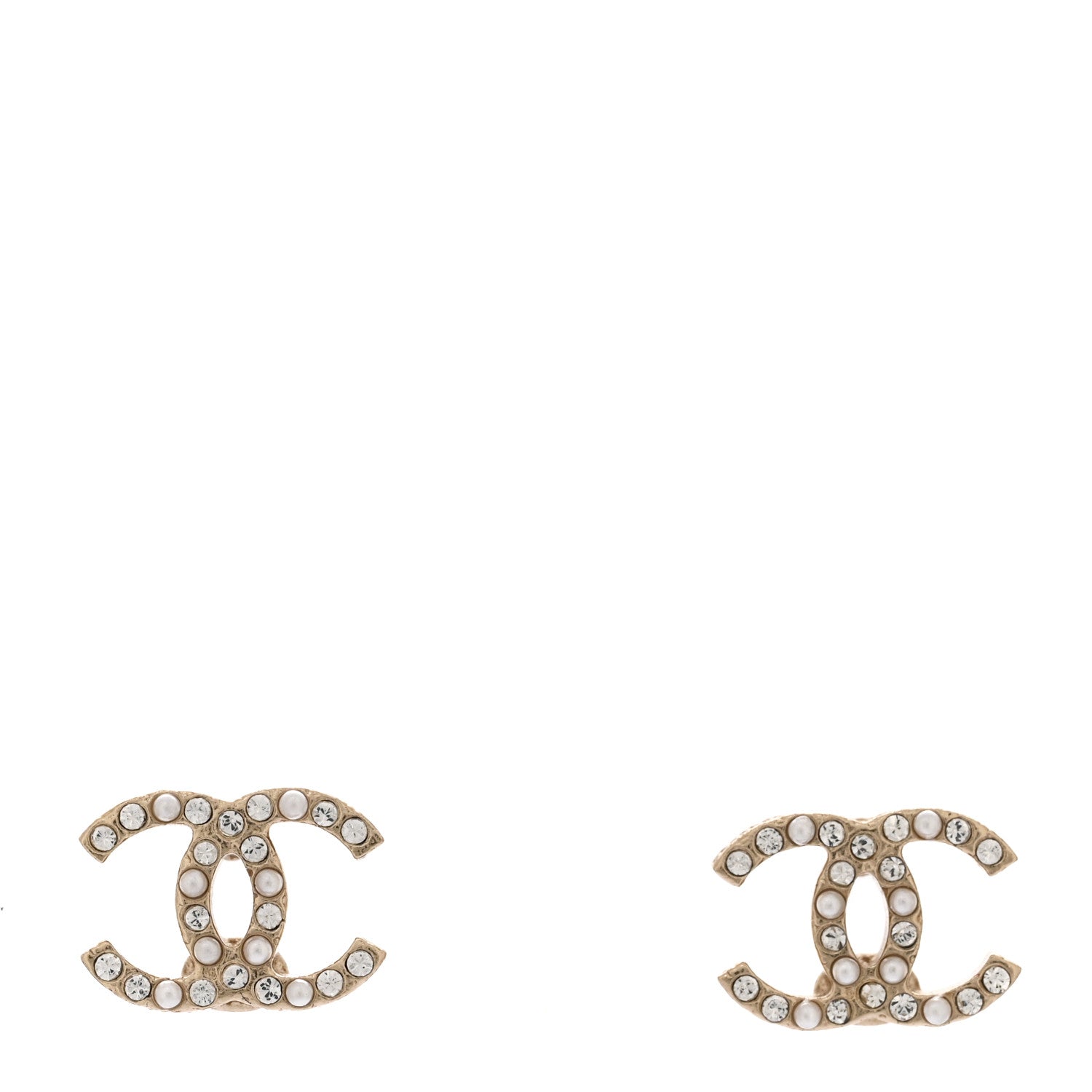 Chanel Pearl Crystal CC Charms Stud Earrings Light Gold 1 of 4