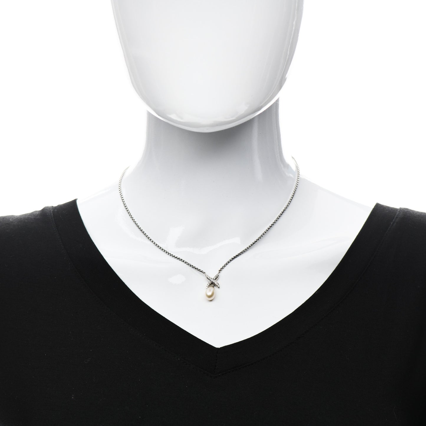 Sterling Silver Cultured Pearl Diamond X Drop Pendant Necklace