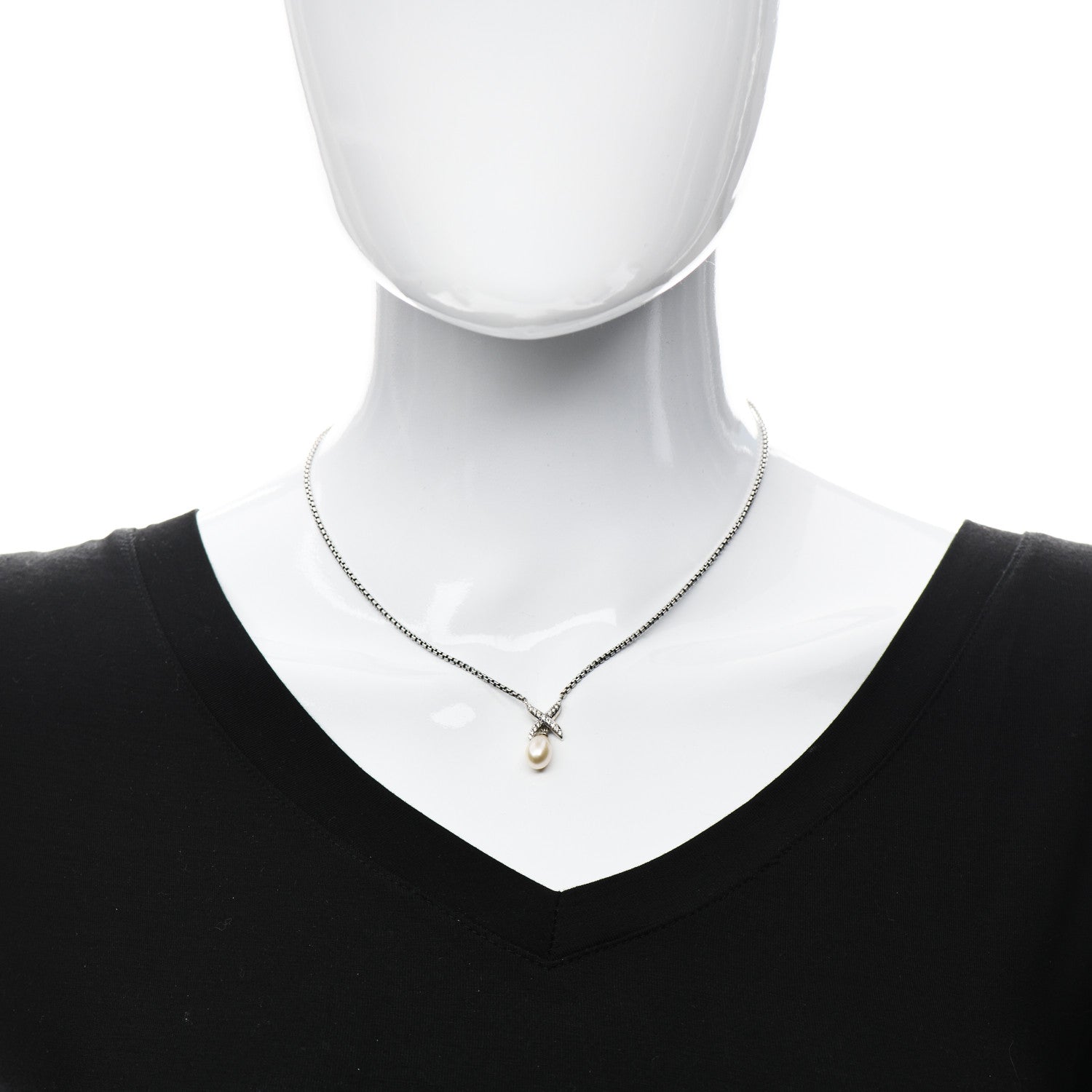 David Yurman Sterling Silver Cultured Pearl Diamond X Drop Pendant Necklace 2 of 6