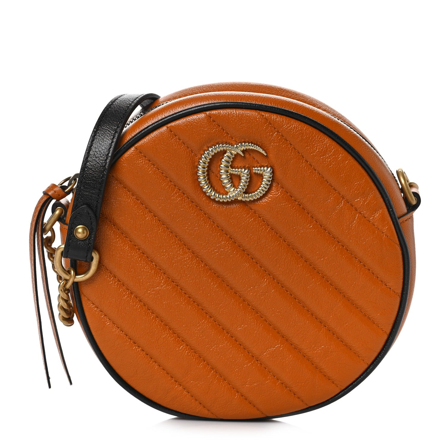 Gucci Azalea Calfskin Matelasse Diagonal Mini Torchon GG Marmont Round Shoulder Bag Cognac Black 1 of 9
