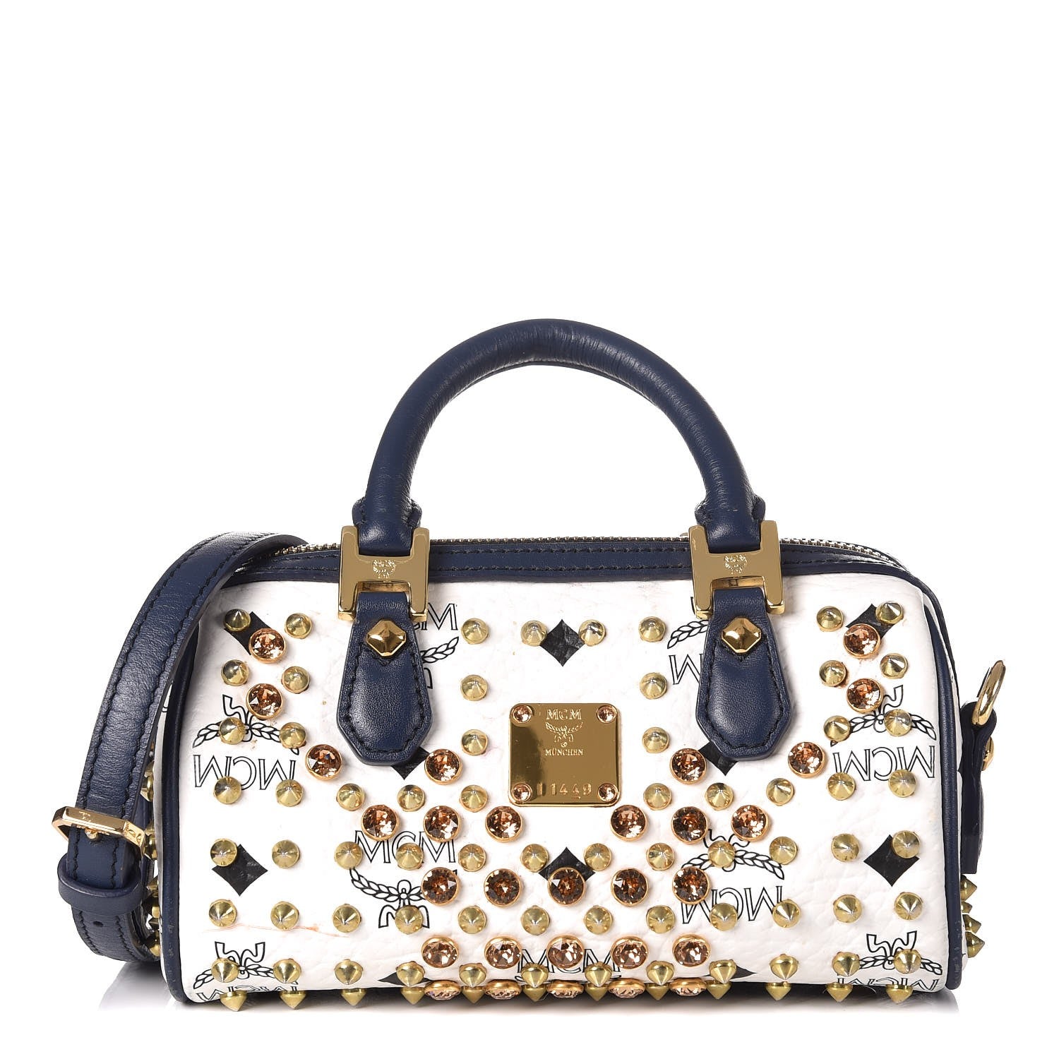 MCM Visetos Studded Mini Boston Bag White Navy 1 of 13